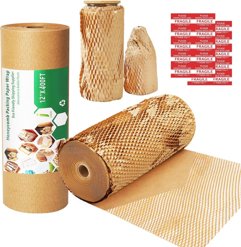 liirro Honeycomb Packing Paper Wrap 12"x400' Sustainable Alternative to Bubble Cushioning Wrap Biodegradable & Fully Recylable for Moving/Shipping/Packing Roll with 20 Fragile Stickers - Image 1